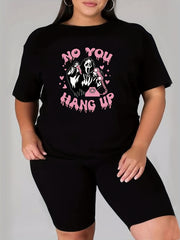  Funny Skull & Slogan Print T-shirt & Biker Shorts Outfit Set