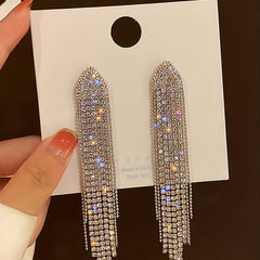 Bohemian Rhinestone Tassel Earrings Silver Plated