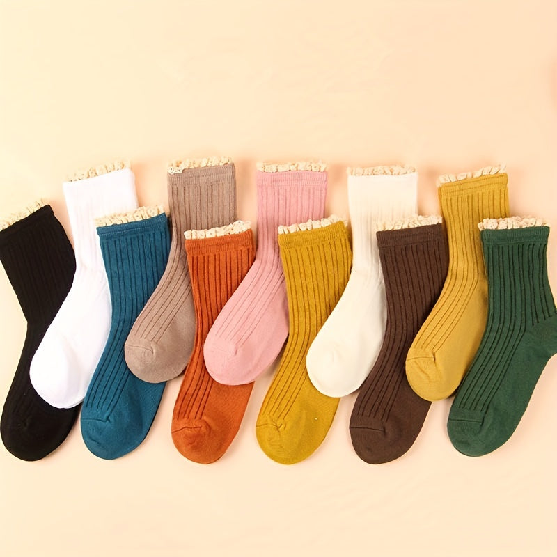 10 Pairs College Style Lace Trim Socks Women's Stockings