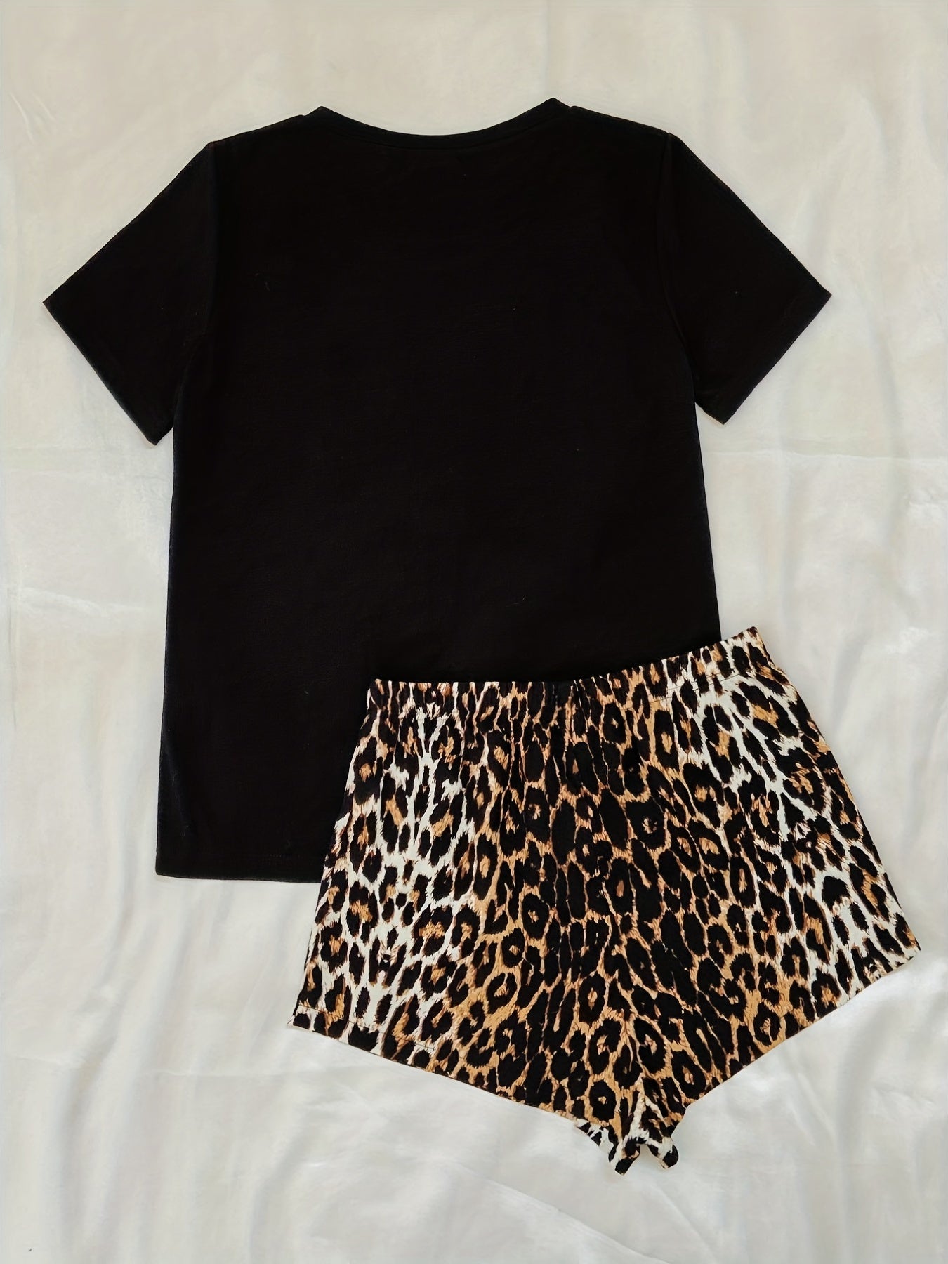 Leopard Print Lounge Set Short Sleeve Crew Neck Top & Elastic Waistband Shorts