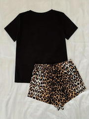 Leopard Print Lounge Set Short Sleeve Crew Neck Top & Elastic Waistband Shorts