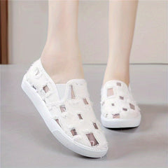 Women's Plaid Slip-On Mesh Canvas Shoes Casual & Breathable Flat Comfy Shoes