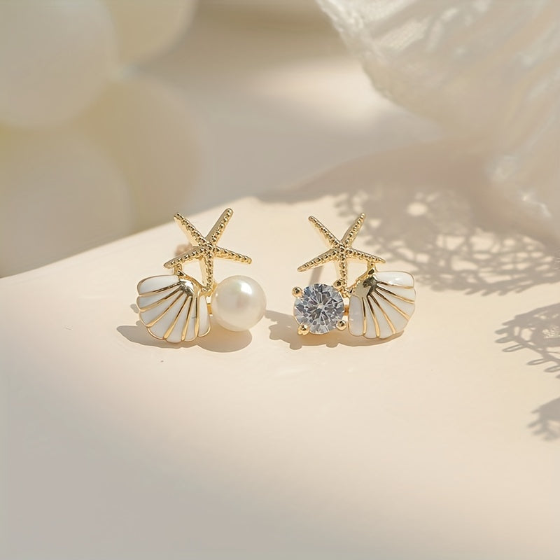 Starfish Shell Stud Earrings with Pearl Wedding Banquet Jewelry