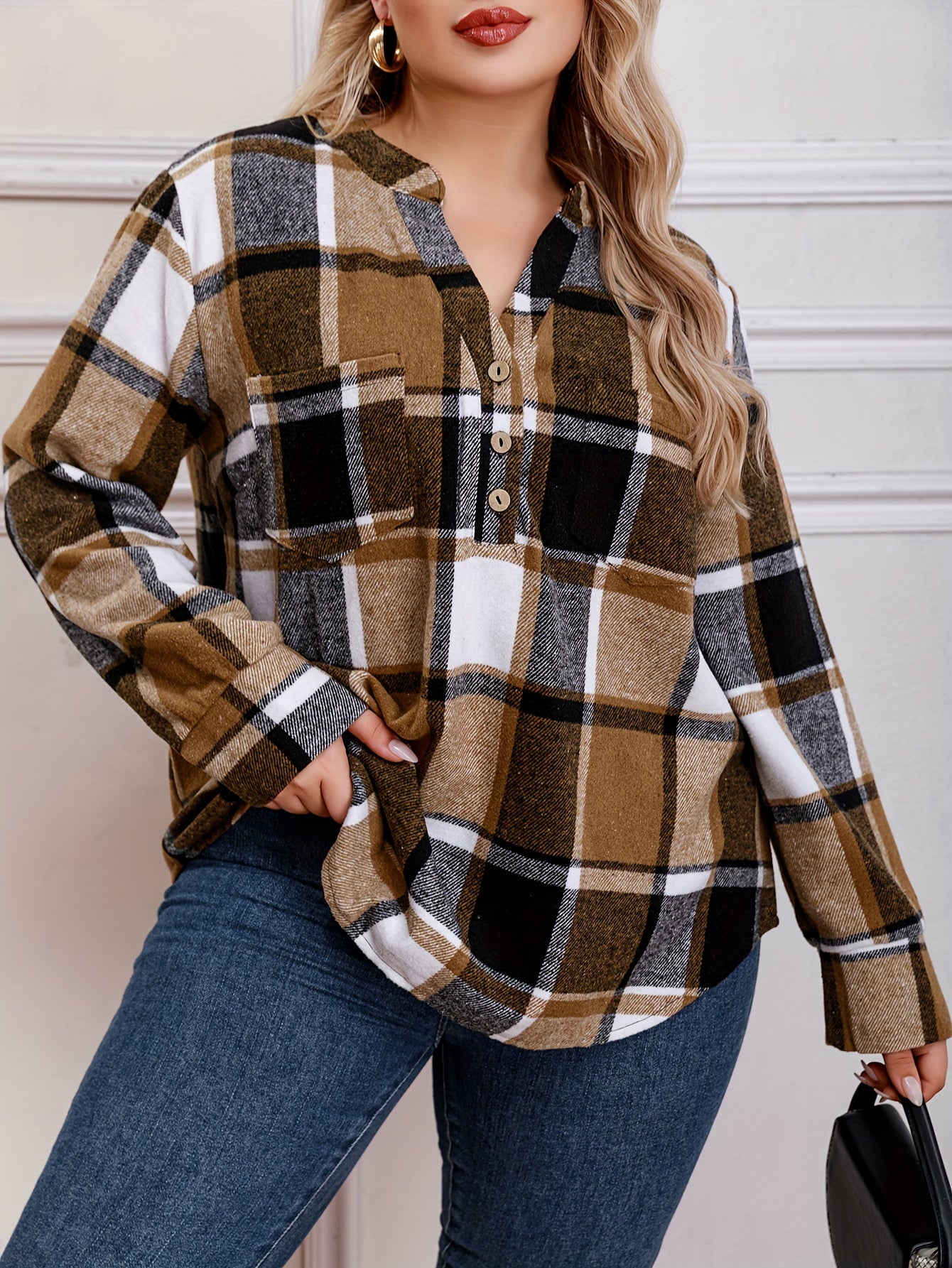  Plaid Print Button Up Long Sleeve V Neck Loose Fit Shirt Top