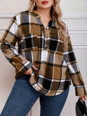  Plaid Print Button Up Long Sleeve V Neck Loose Fit Shirt Top