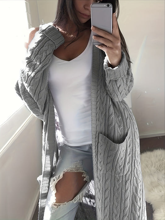  Cable Knit Open Front Cardigan with Pockets