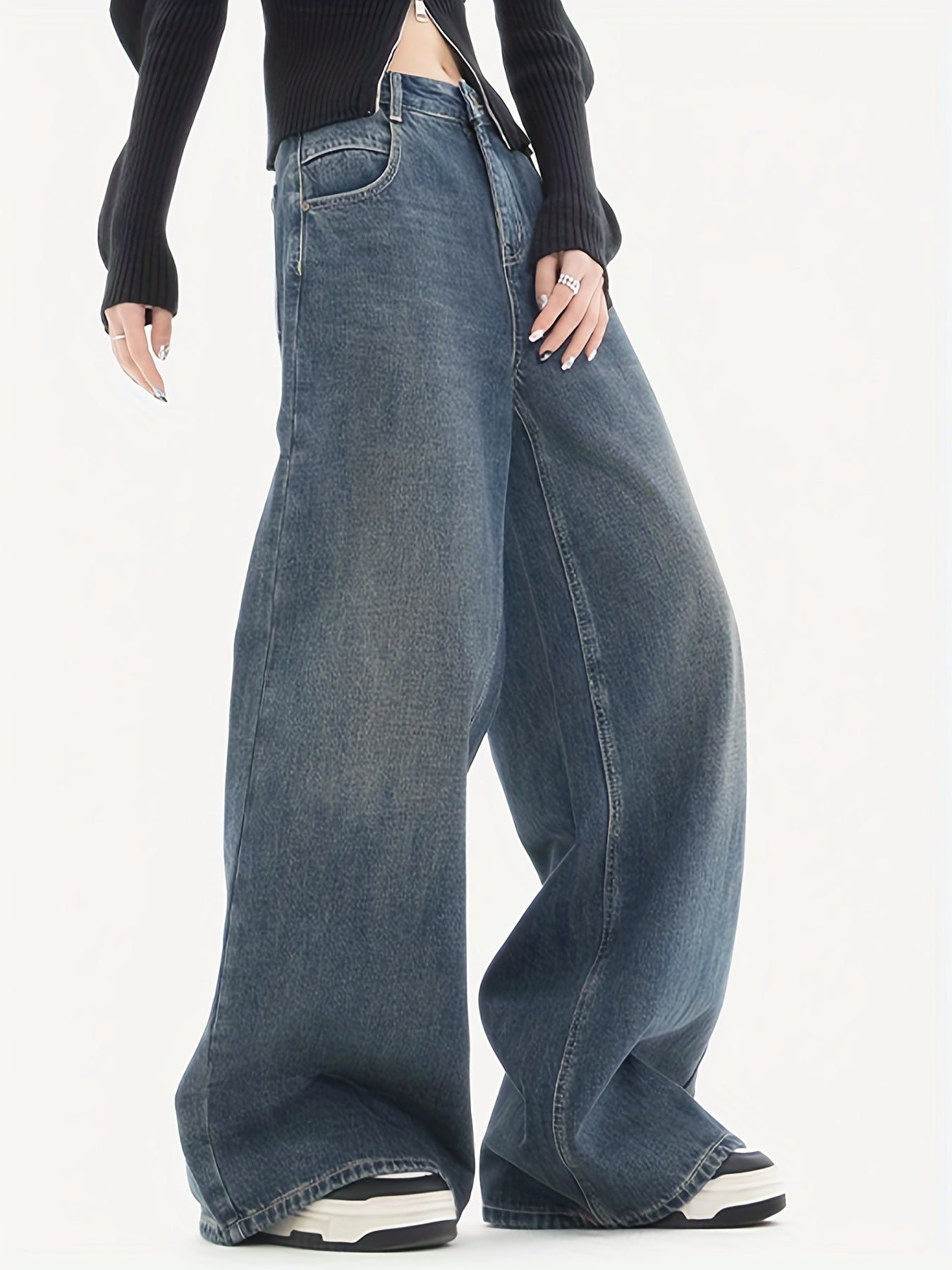 Wide Leg Baggy Jeans Solid Loose Fit Street Grunge Style Denim Pants