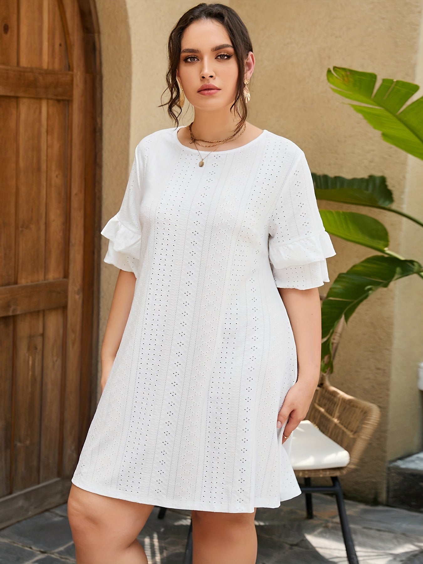  Eyelet Embroidered Round Neck Sleeve Dress