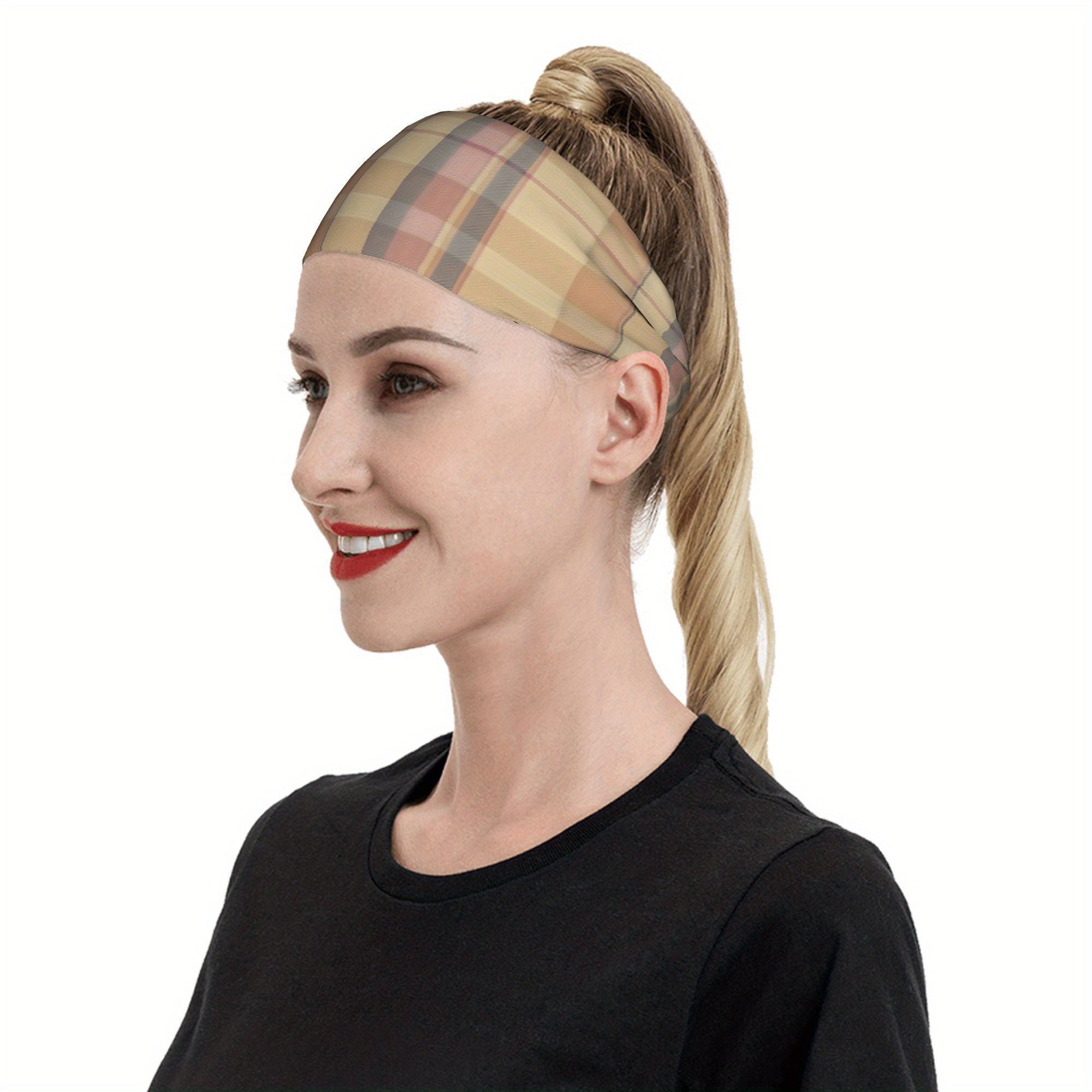 Vintage Plaid Headband Beige Checkered Pattern
