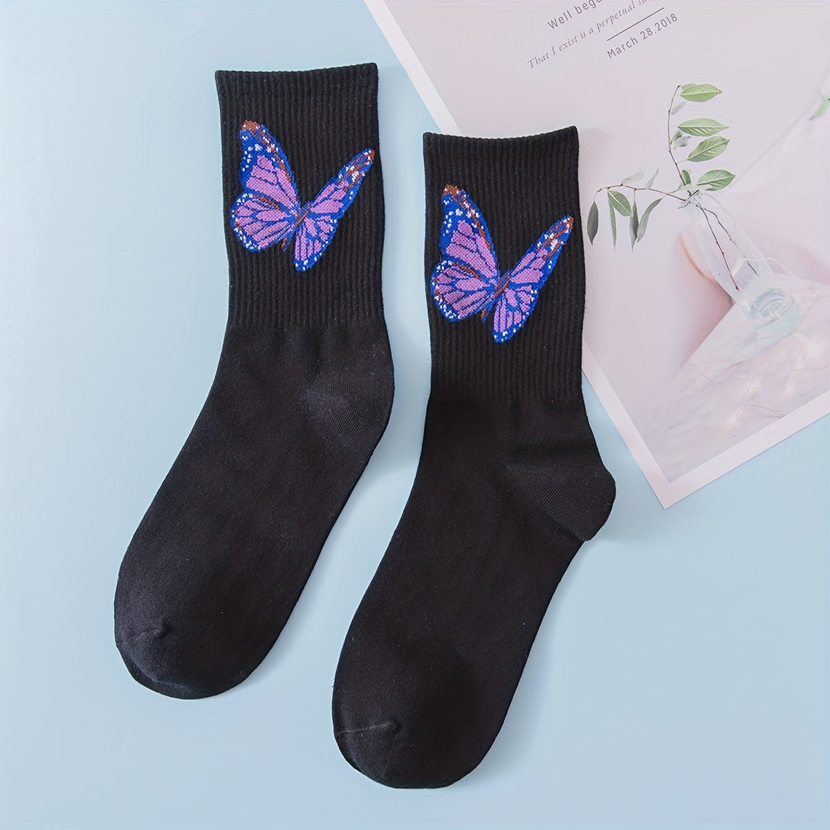 6 Pairs Butterfly Print Mid Tube Socks for Women