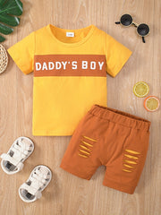 Cotton DADDY' BOY Block Tee Top Ripped Shorts Set