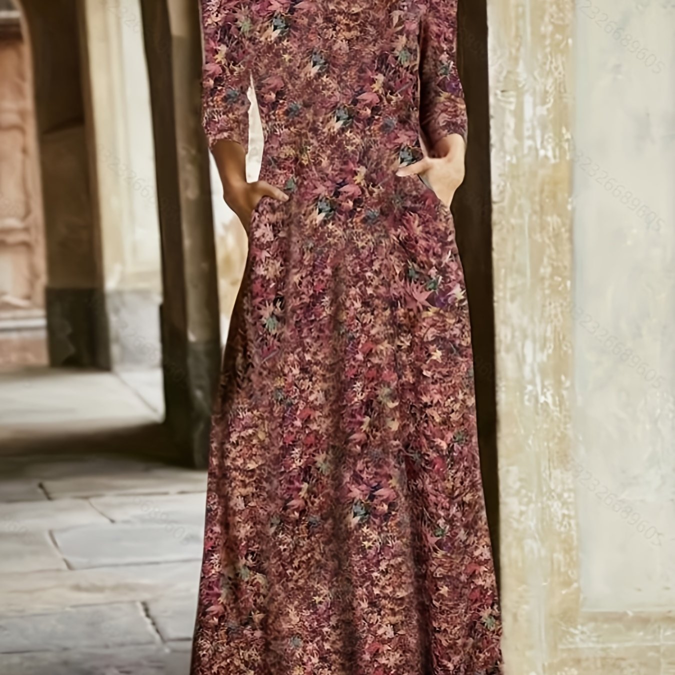 Plus Size Long Sleeve V Neck Maxi Dress With Pockets