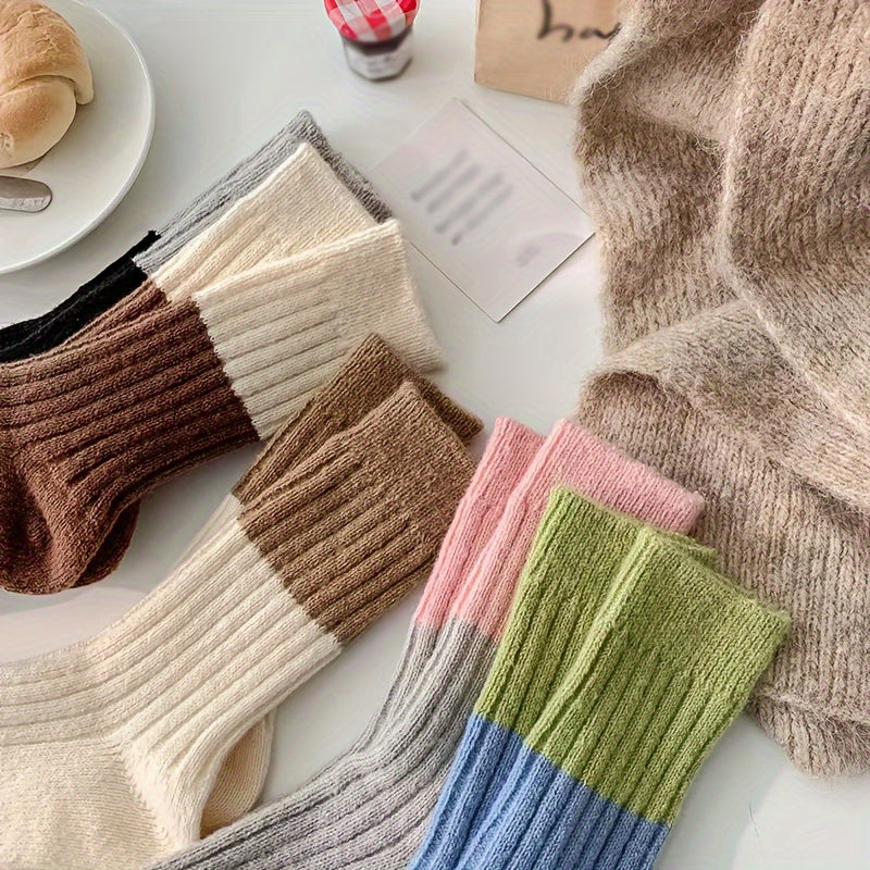5 Pairs Colorblock Crew Socks Soft & Comfy Women's Stockings