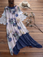 Floral Print Layered V Neck Short Sleeve Dress
