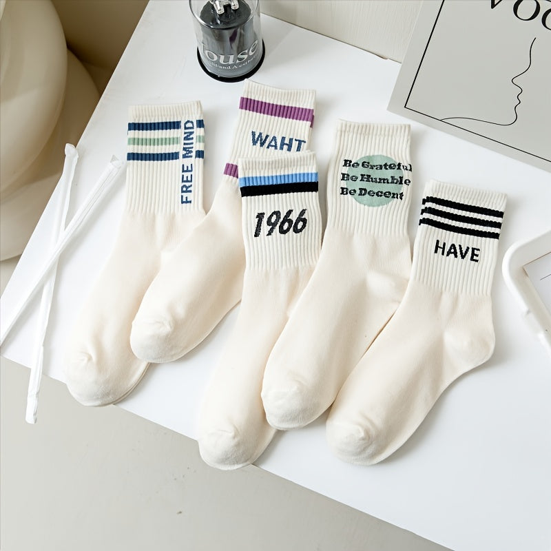 5 Pairs Letter Print Crew Socks for Women