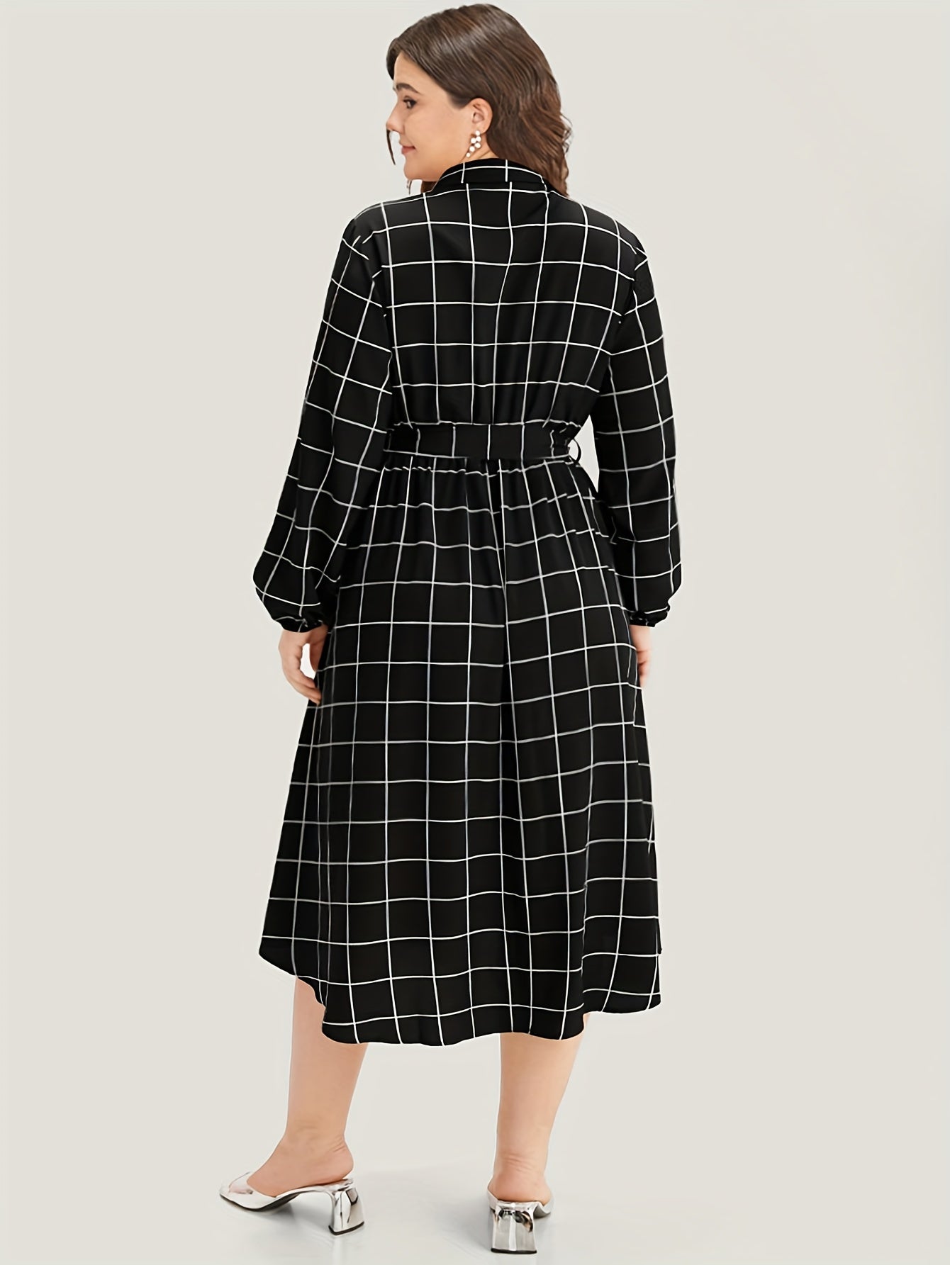  Women's Grid Print Long Sleeve Midi Shirt Dress