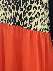  Colorblock Leopard Print Long Sleeve Smock Dress