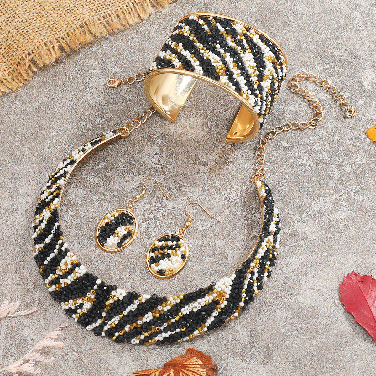 22K Plated Jewelry Set: Choker Necklace, Earrings, Bangle with Rhinestone