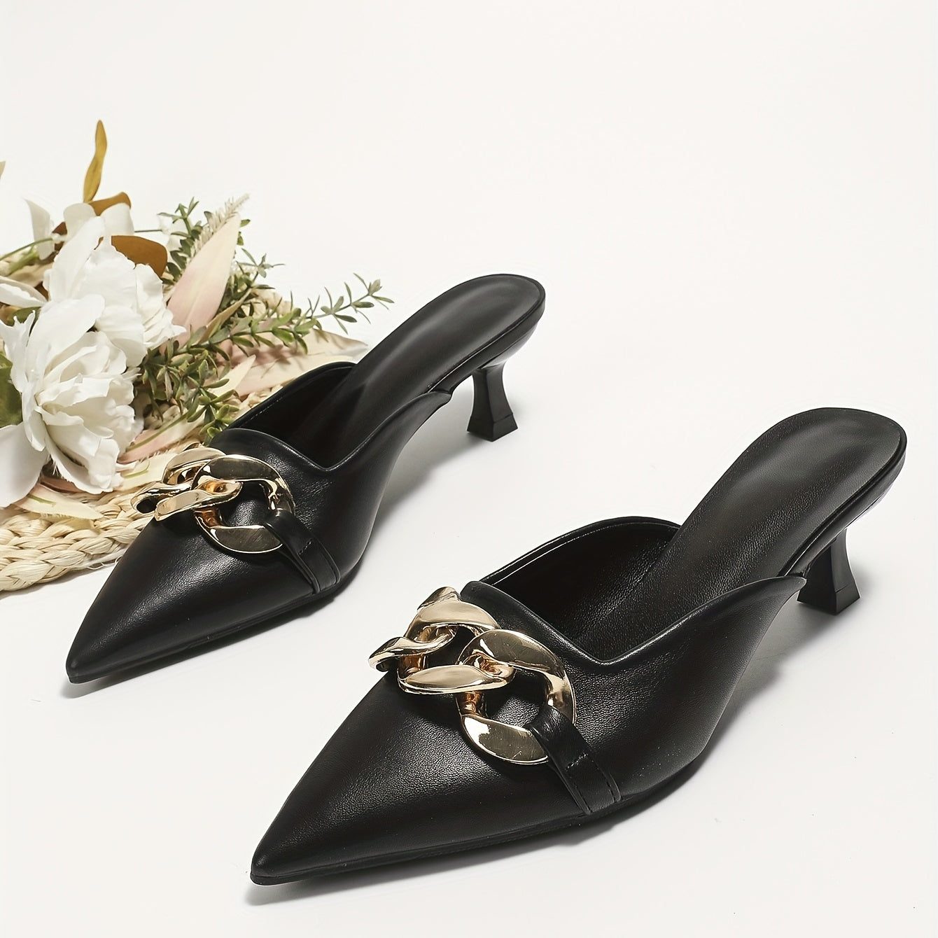 Women's Chain Decor Kitten Heels Pointed Toe Slip On Slingback Dress Sandals