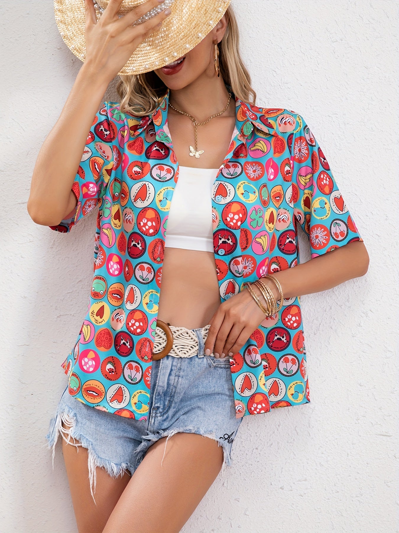  Fruit Print Short Sleeve Button Up Vacay Shirt