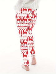  Christmas Leggings Reindeer & Tree Print High Rise Stretch Leggings