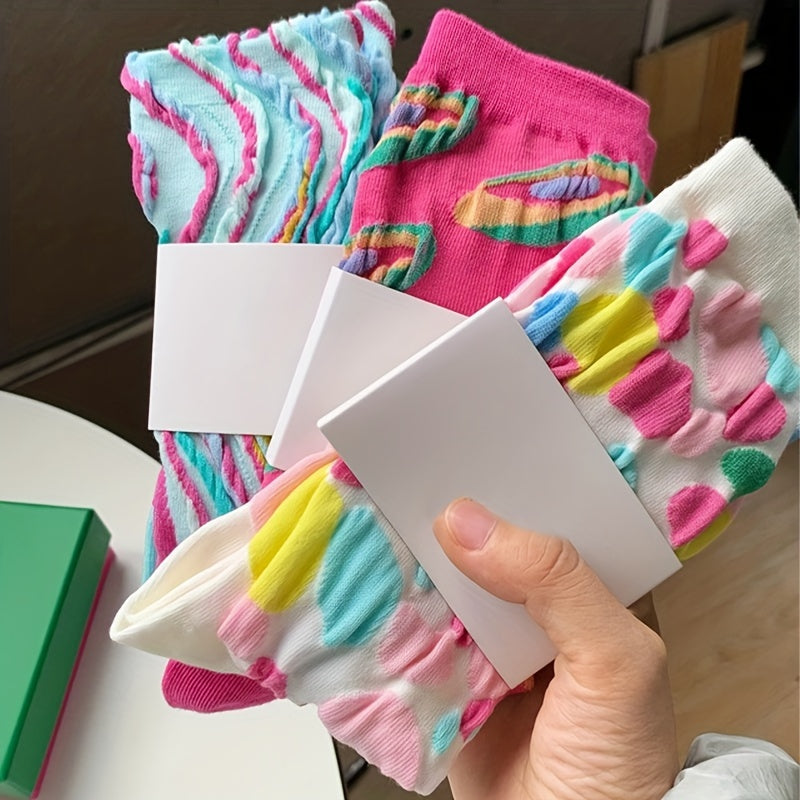 3 Pairs Colorblock 3D Textured Socks Breathable All match Women's Stockings