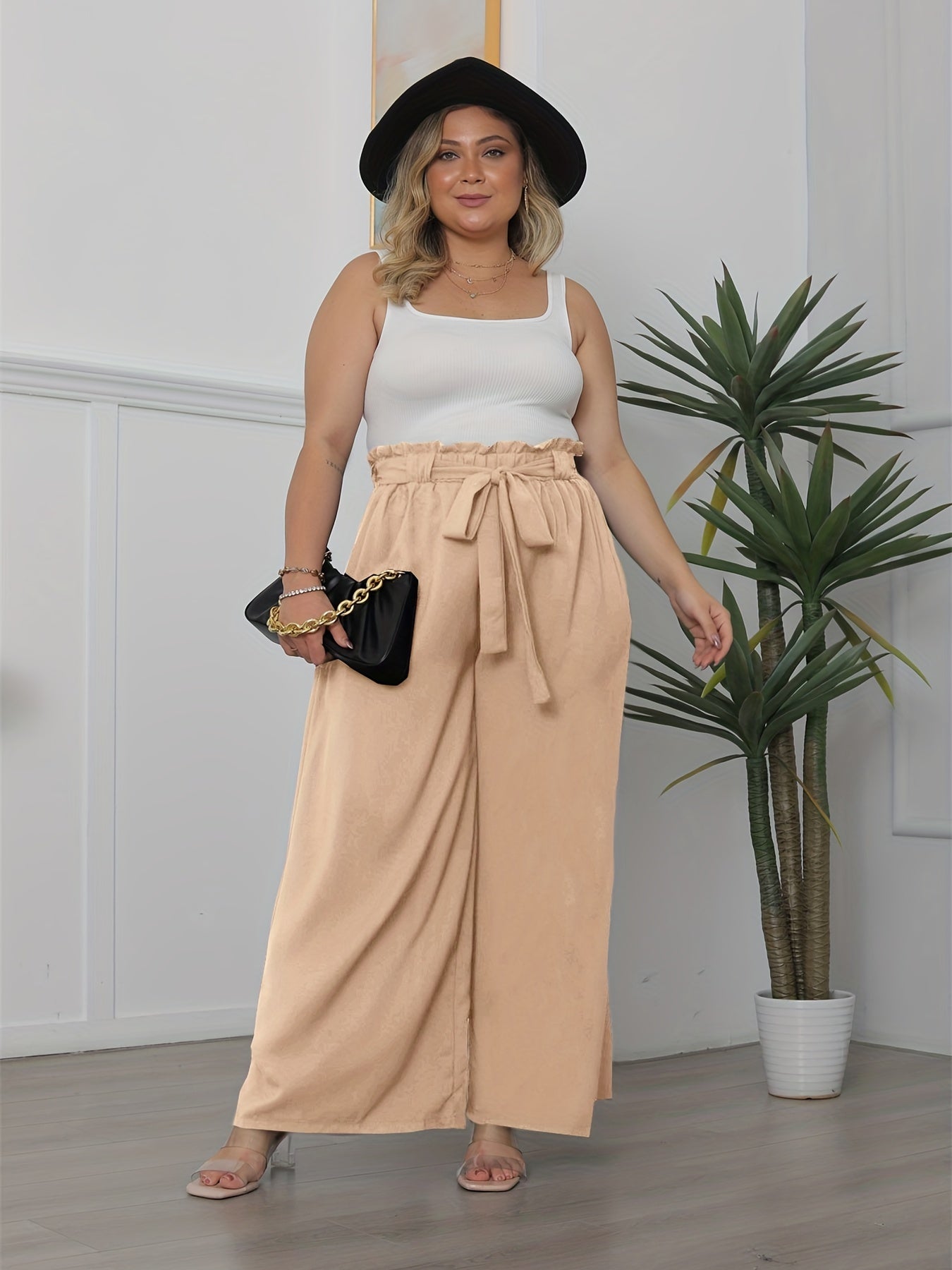 Plus Solid Ruffle Trim Elastic High Rise Wide Leg Trousers