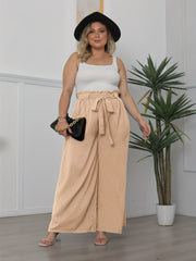 Plus Solid Ruffle Trim Elastic High Rise Wide Leg Trousers