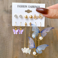 6 Pairs Butterfly Pearl Earrings Set