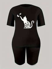 2pcs Butterfly Cat Graphic T shirts & Shorts Women's Activewear