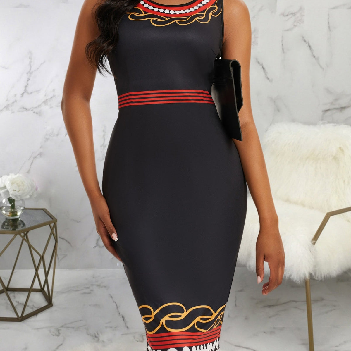  Geometric Print Round Neck Midi Dress