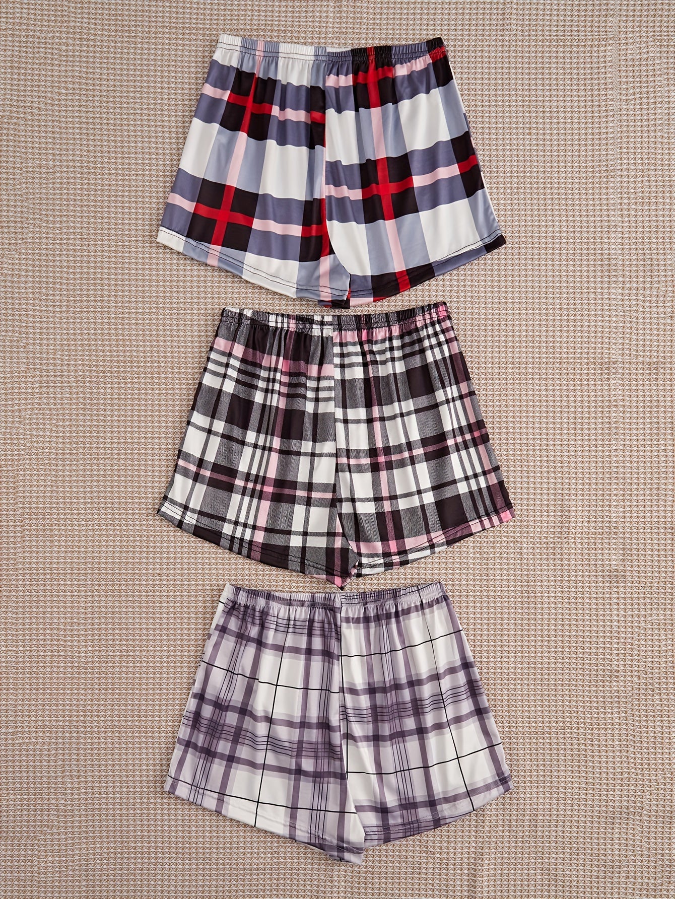 3pcs Plaid Sleep Bottoms Elastic Waistband Shorts Women's Sleepwear