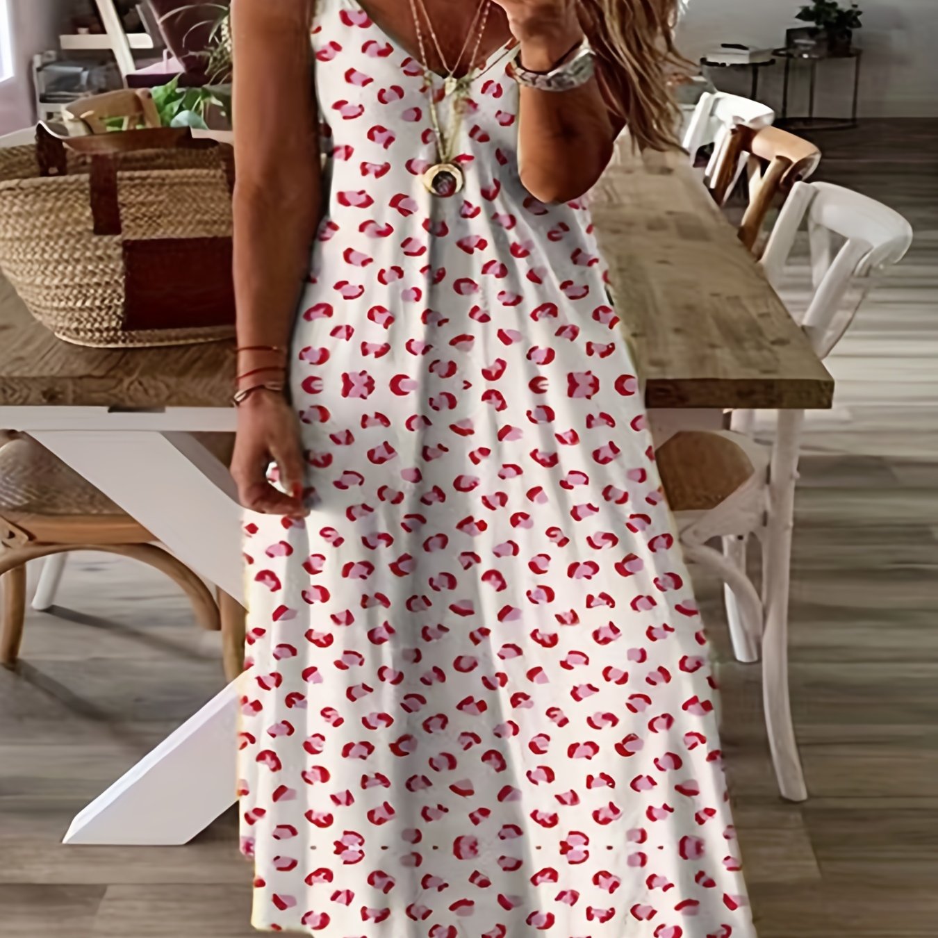  Leopard Print V Neck Cami Maxi Dress
