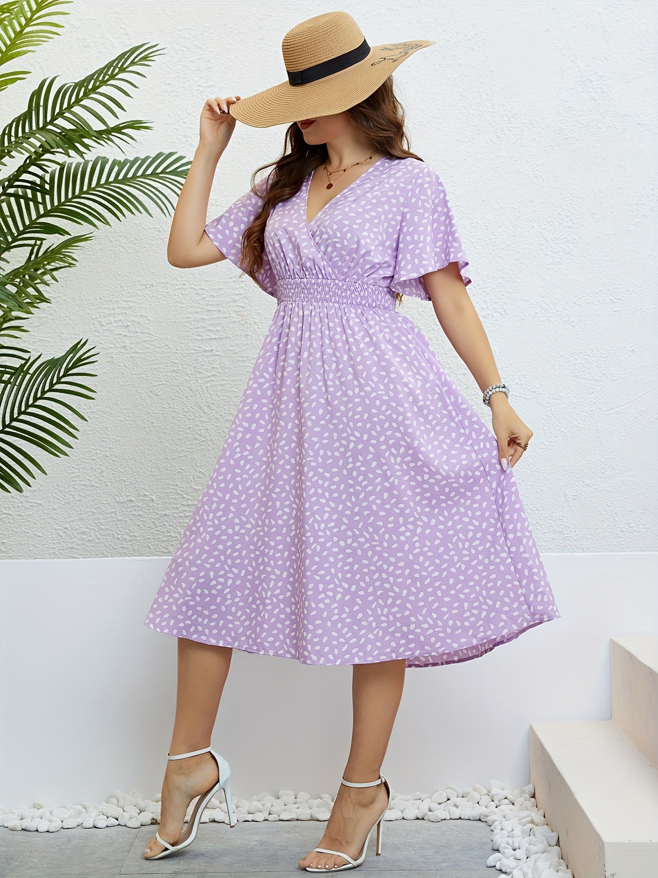  Dot Print Surplice Neck Ruffle Sleeve Nipped Waist Pleated Dress
