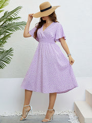  Dot Print Surplice Neck Ruffle Sleeve Nipped Waist Pleated Dress
