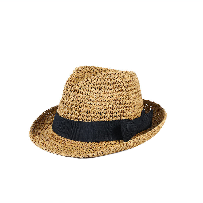 Curved Brim Brown Sun Hat Hollow Crochet Fedora Cap Women's