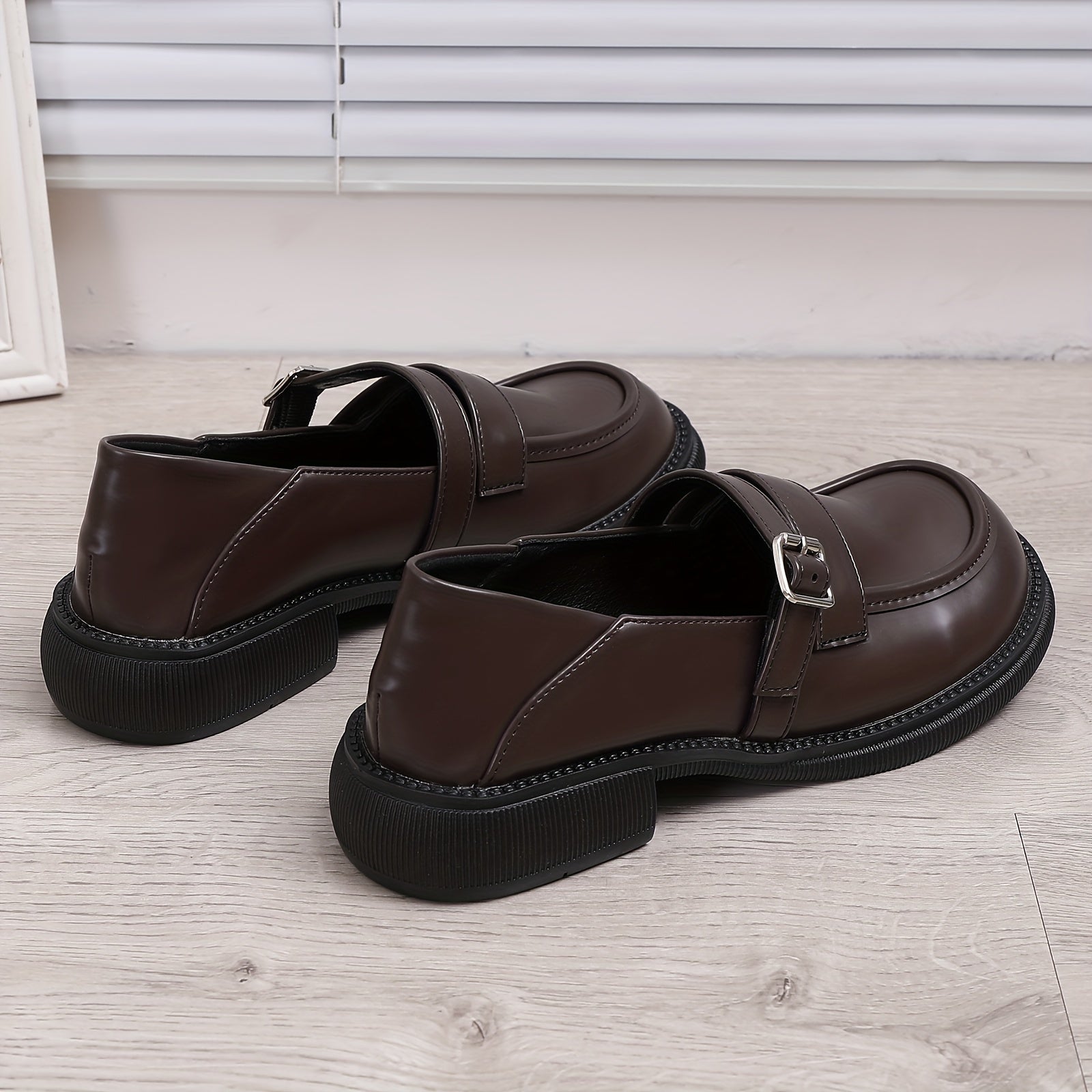 Women's Chunky Heel Loafers British Style Buckle Strap Shoes