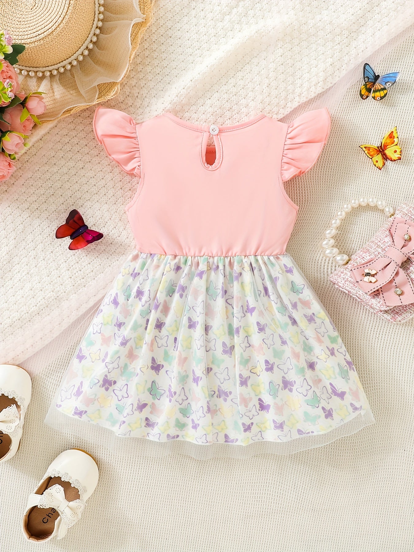 Toddler Baby Flutter Sleeve Butterflies Print Pleated Dress