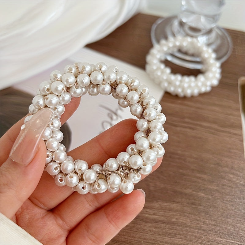 3pcs Faux Pearl Scrunchies Hair Tie Elastic Ponytail Holder