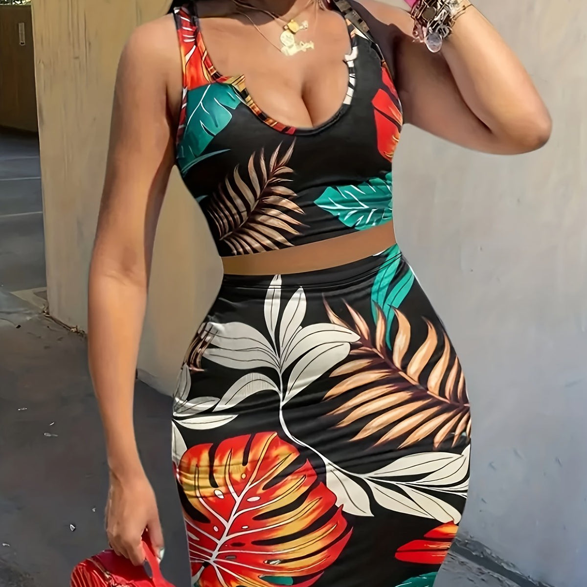 Tropical Print Sleeveless Two-piece Set & Skirt