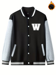 Men's Casual Baseball Jacket W Print Button Fleece Coat Block Outerwear Top