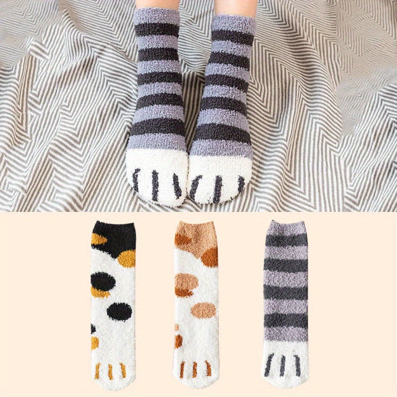 3 Pairs Cat Claw Print Socks Fuzzy & Warm Women's Stockings