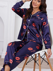 Lips & Letter Print Pajama Set Long Sleeve Top & Pants Women's Sleepwear