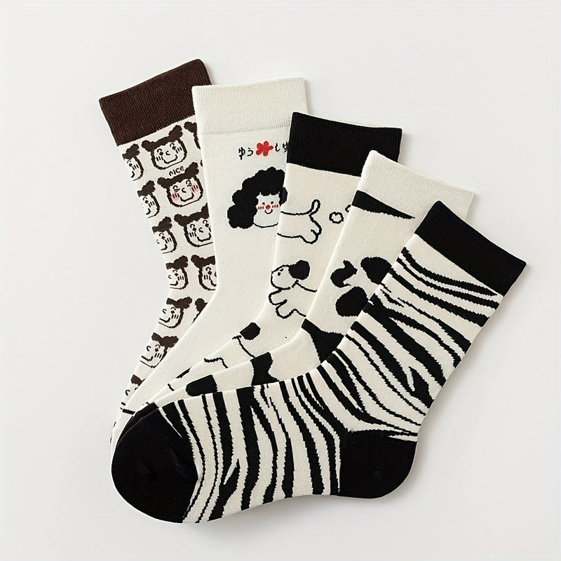 5 Pairs Cartoon Print Comfy Mid Tube Socks Women's Stockings