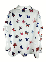  Butterfly Print Button Up Long Sleeve Blouse