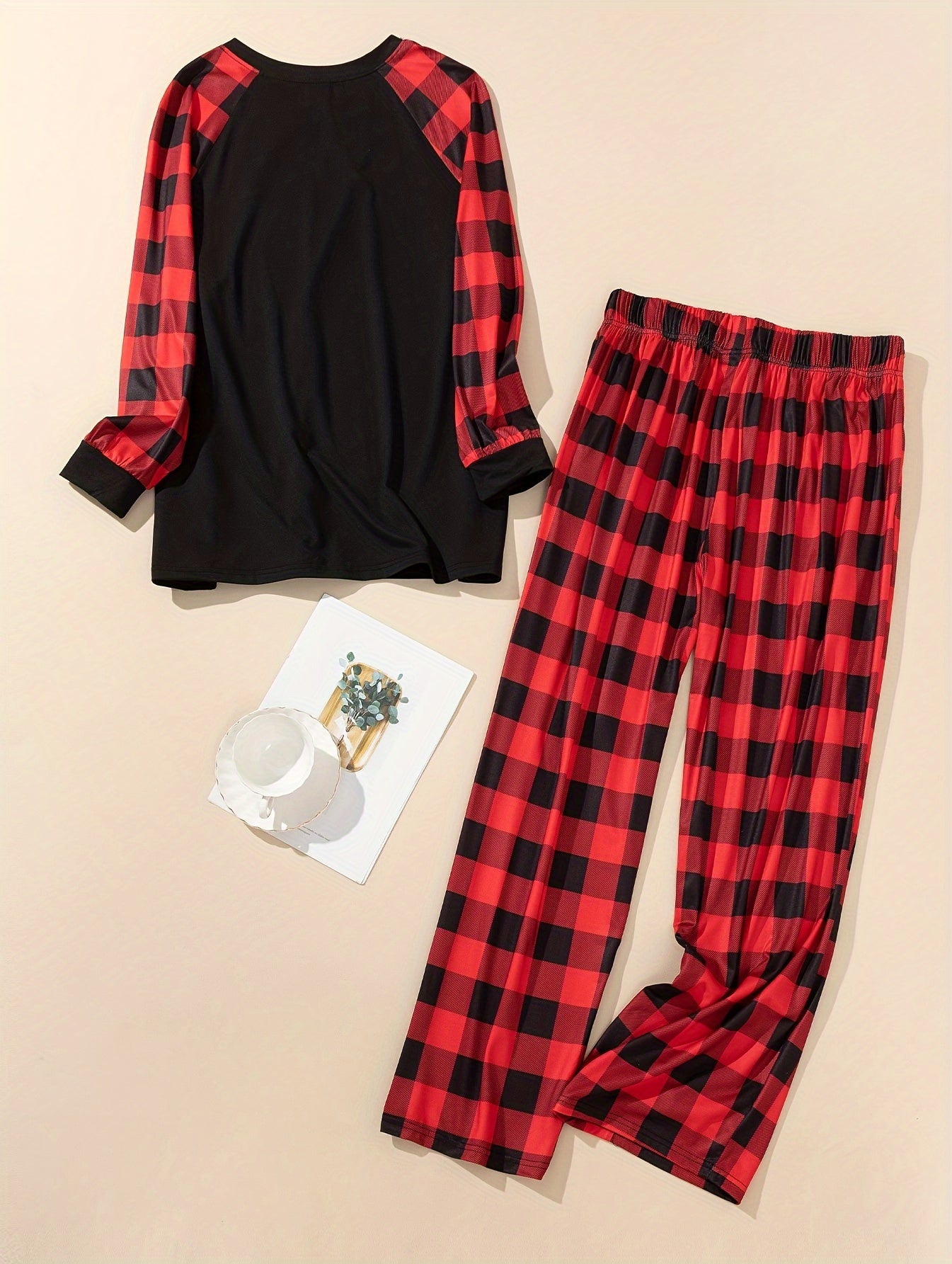  Slogan Print Plaid Lounge Set Tee & Pants Pajamas