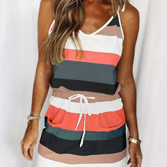  Retro Summer Dress Women's Plus Colorblock Tie Shoulder V Neck