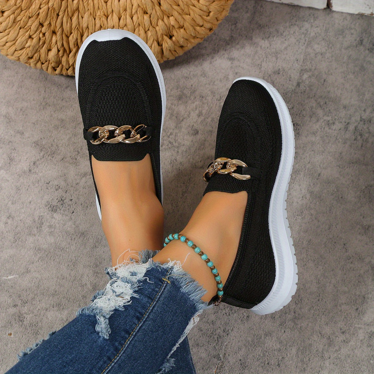 Women's Chain Decor Slip On Sneakers Outdoor Shoes Breathable Low Top