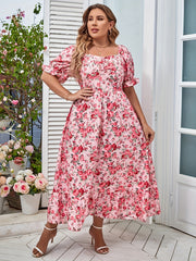 Floral Print Bubble Sleeve Sweetheart Neck Plus Size Dress