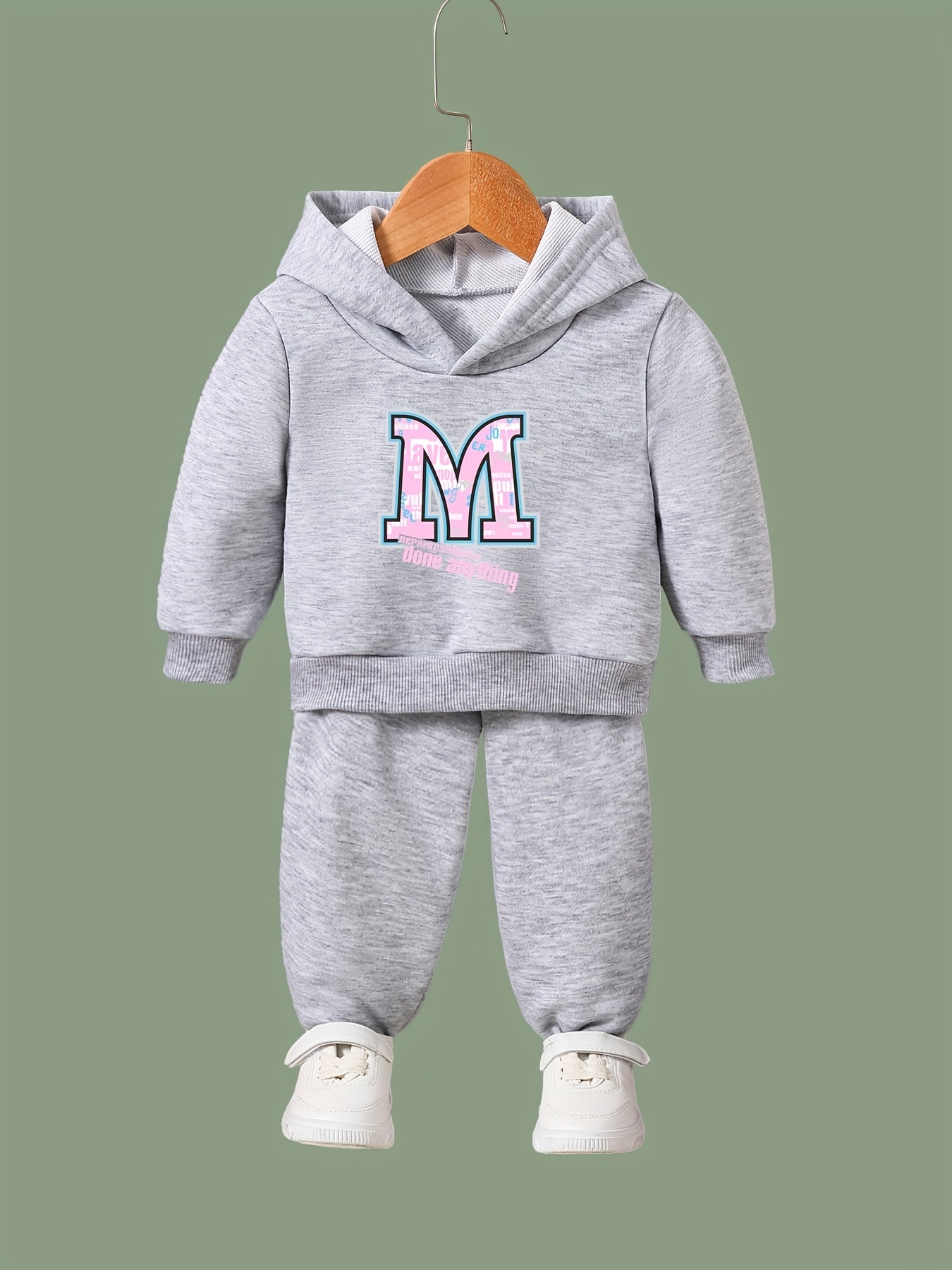 Girls Boys 2pcs M Letter Hooded Pullover Pants Set for Sports